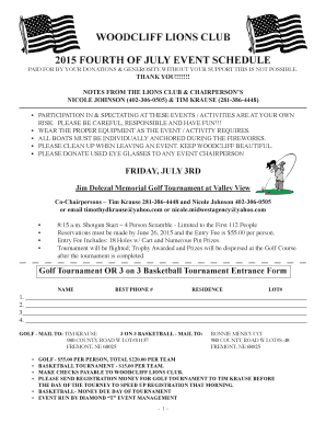 WOODCLIFF LIONS CLUB 2015 FOURTH OF JULY EVENT SCHEDULE