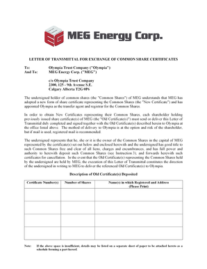 Letter of Transmittal for Exchange of Common Share Certificates