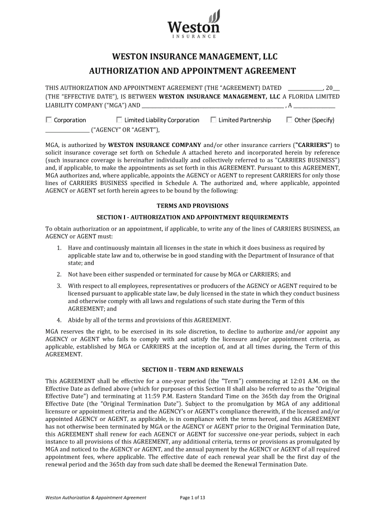 Fillable Online Weston Authorization Appointment Agreement FAIA Fax