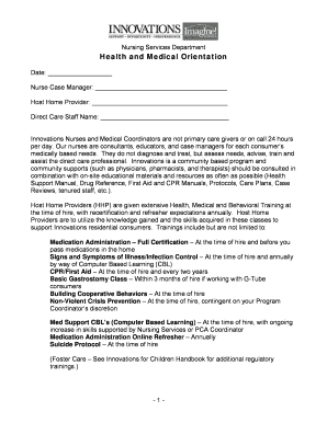 Health and Medical Orientation Form
