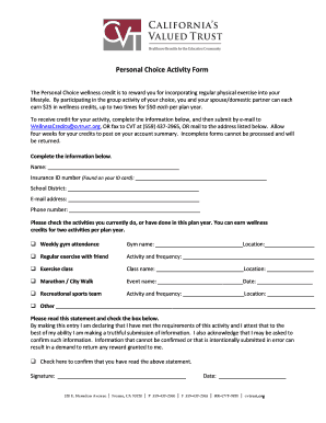 Personal Choice Activity Wellness Form