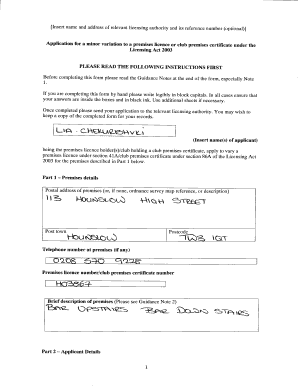 Application for Minor Variation to Premises Licence