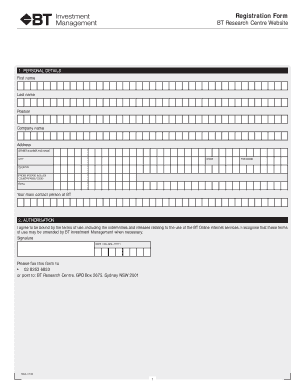 BT Research Centre Registration Form