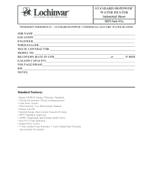 Standard Hi-Power Water Heater Submittal Sheet