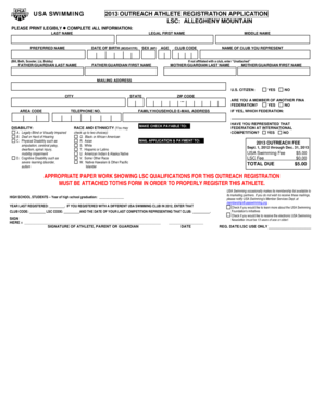 USA Swimming 2013 Outreach Athlete Registration Application