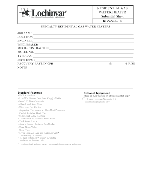 Residential Gas Water Heater Submittal Sheet