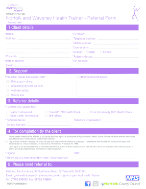 Norfolk and Waveney Health Trainer Referral Form