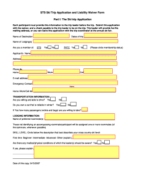 STS Ski Trip Application and Liability Waiver Form