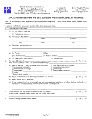 Dentists and Oral Surgeons Professional Liability Insurance Application