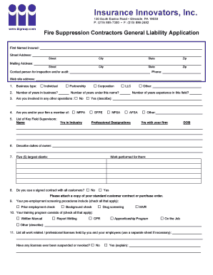 Fire Suppression Contractors General Liability Application