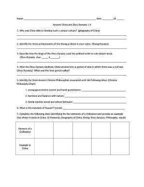 Ancient China and Zhou Dynasty Worksheet