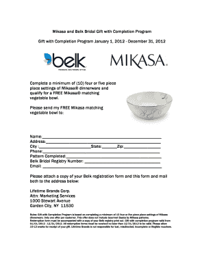 Mikasa Belk Bridal Gift Completion Program