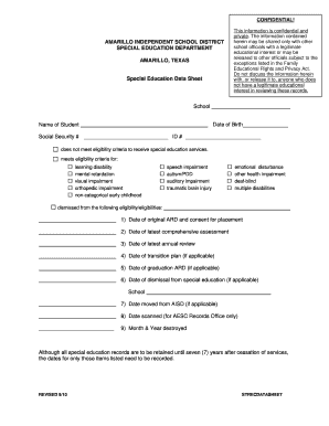 Special Education Data Sheet - speced amaisd