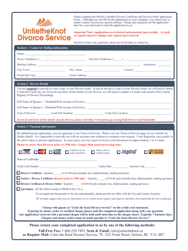 Fillable Online British Columbia Application for Divorce Certificate