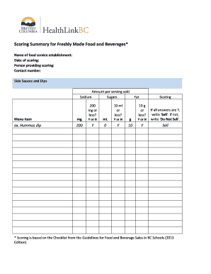 BC Schools Food and Beverage Scoring Form