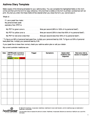 Asthma Diary Template