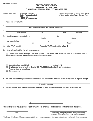 New Jersey Realty Transfer Fee Refund Claim Form