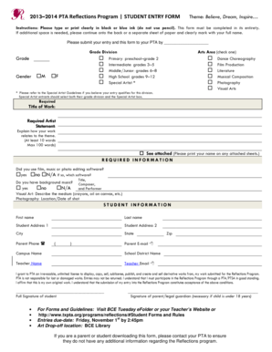 PTA Reflections Program Student Entry Form