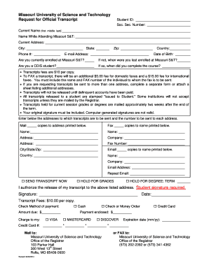 Missouri S&T Official Transcript Request Form