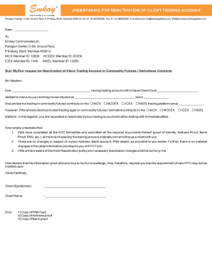 Undertaking for Reactivation of Client Trading Account