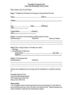 Keepsake Ornament Club Merchandise Return Form