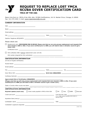 YMCA Scuba Diver Certification Card Replacement Form