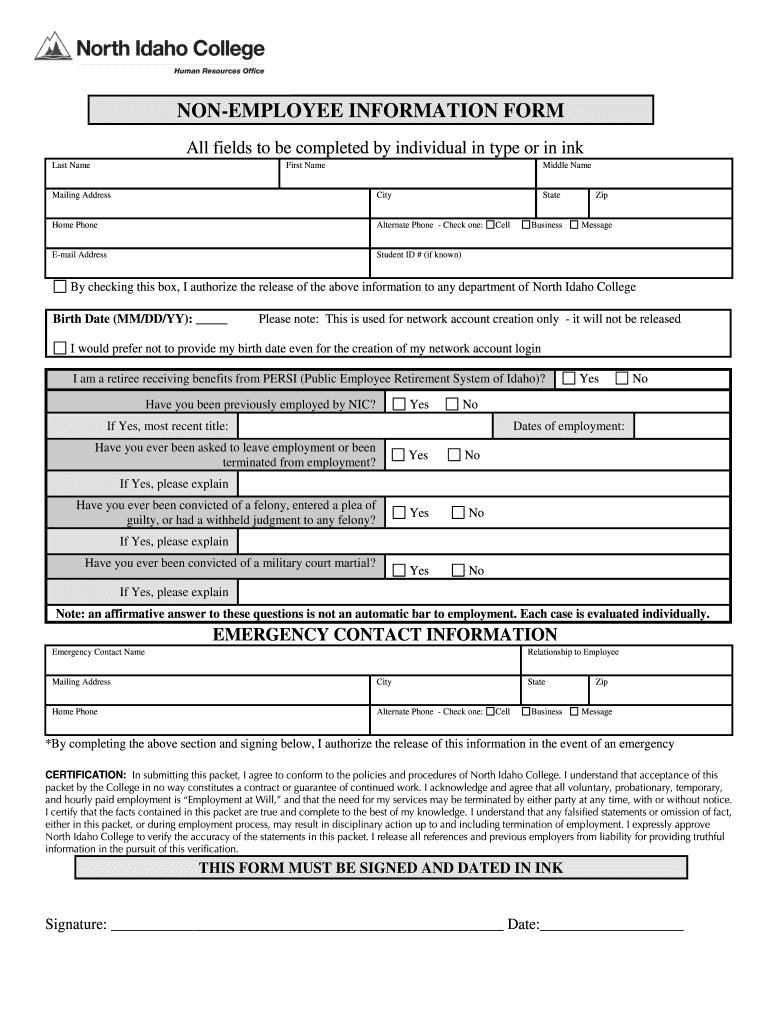 Fillable Online nic NONEMPLOYEE INFORMATION FORM nicedu Fax Email