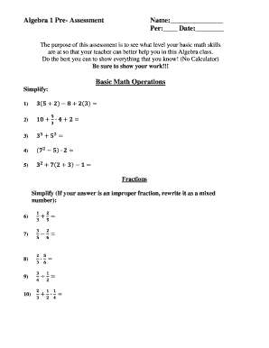 Algebra 1 Pre-Assessment Form