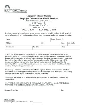 University of New Mexico Employee Health Screen Form