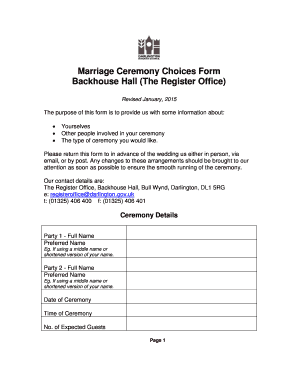 UK Marriage Ceremony Choices Form