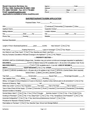 Bar Restaurant Tavern Insurance Application