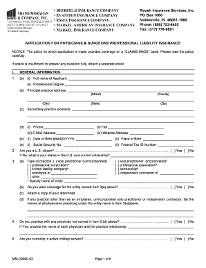 Physicians and Surgeons Professional Liability Insurance Application
