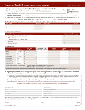 Amateur Baseball Softball T-ball Accident Insurance Application