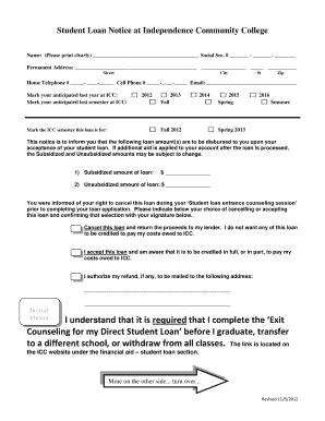 Student Loan Notice at Independence Community College