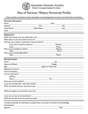 Military Personnel Pet Foster Care Form