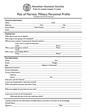 Military Personnel Pet Profile Form