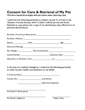 Pet Care and Retrieval Consent Form