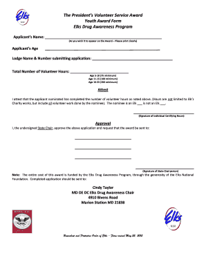 President’s Volunteer Service Award Youth Application Form