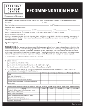 University of Minnesota Recommendation Form