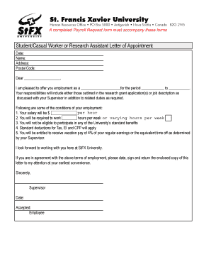 Student/Casual Worker Letter of Appointment