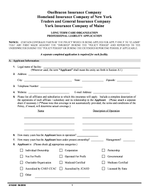 Long Term Care Professional Liability Application