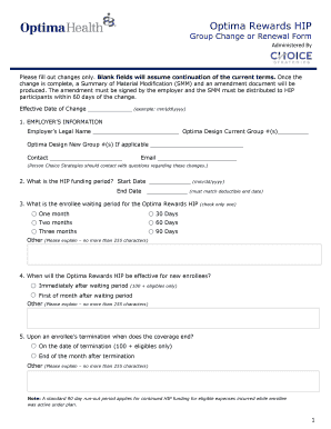 Optima Rewards HIP Group Change or Renewal Form