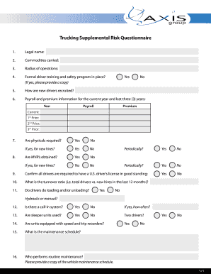 Call log tracker template - Trucking Supplemental Risk Questionnaire - Axis Group LLC