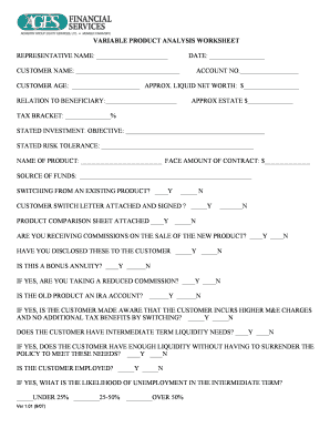 Variable Product Analysis Worksheet