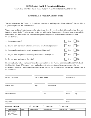 Hepatitis A/B Vaccine Consent Form