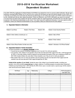 2015–2016 Verification Worksheet for Dependent Student
