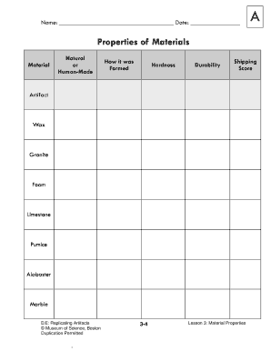 Material Properties Lesson Form