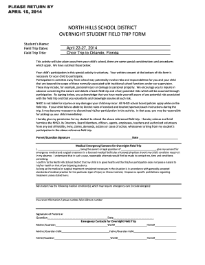 North Hills School District Overnight Field Trip Form