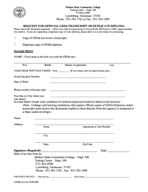 GED Transcript or Diploma Request Form