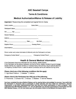ABC Baseball Camps Medical Waiver and Release Form